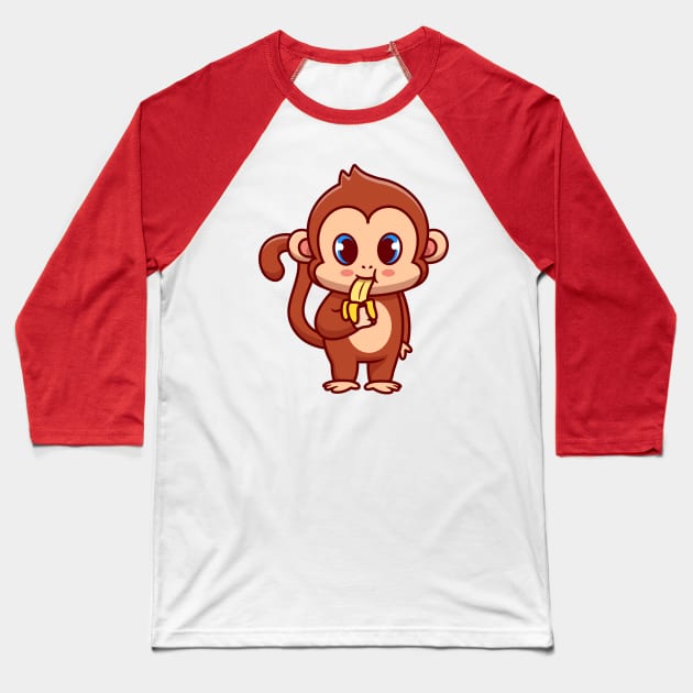 Cute Monkey Eating Banana Cartoon Baseball T-Shirt by Catalyst Labs